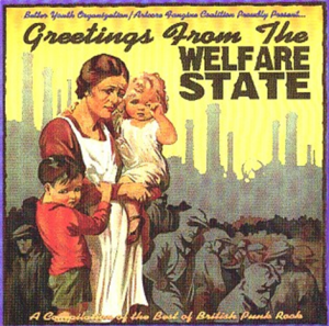 „Salutări din Statul Asistențial”. Caricatură sarcastică reflectând conflictul între etatism și individualism în SUA